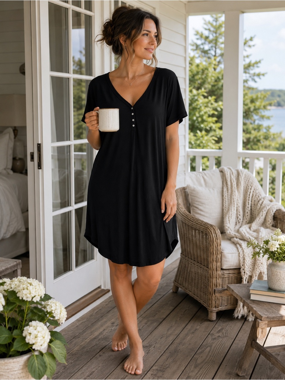 Quince Black Henley Nightgown Sleep Shirt Women’s M Soft Rayon Lounge Dress